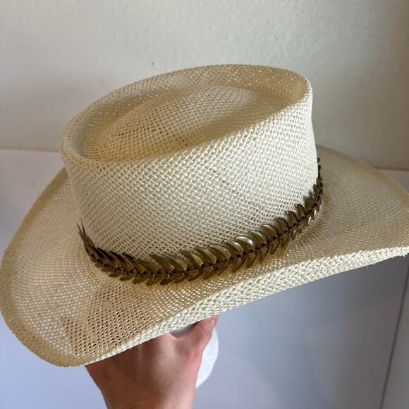 USA Vintage 90s Woven Sun Hat With Metal Golden Spiked Band Hat Size Small - Picture 11 of 14